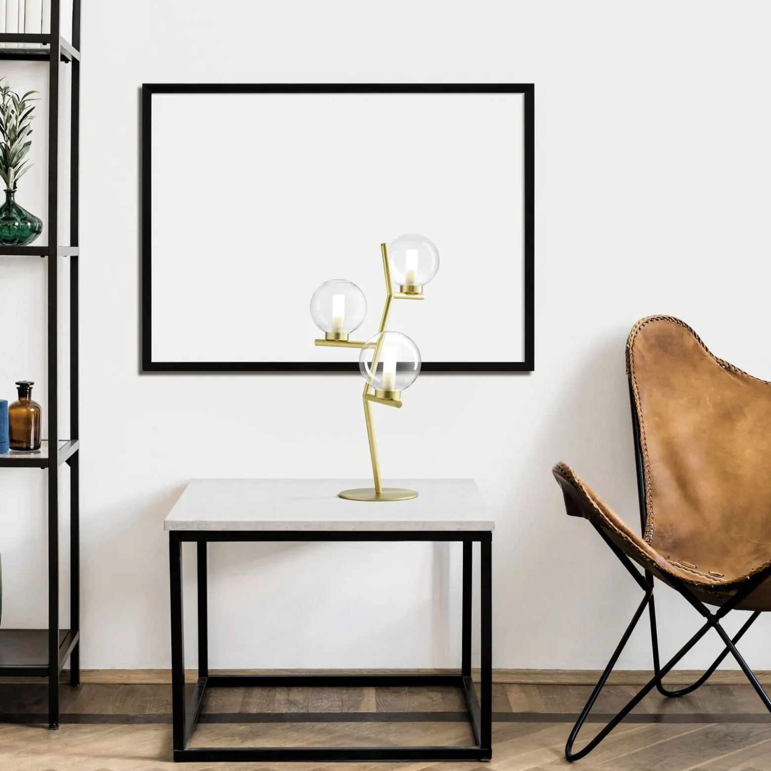 Tischleuchte Camely, 3-flammig, gold gebürstet/klar, Glas