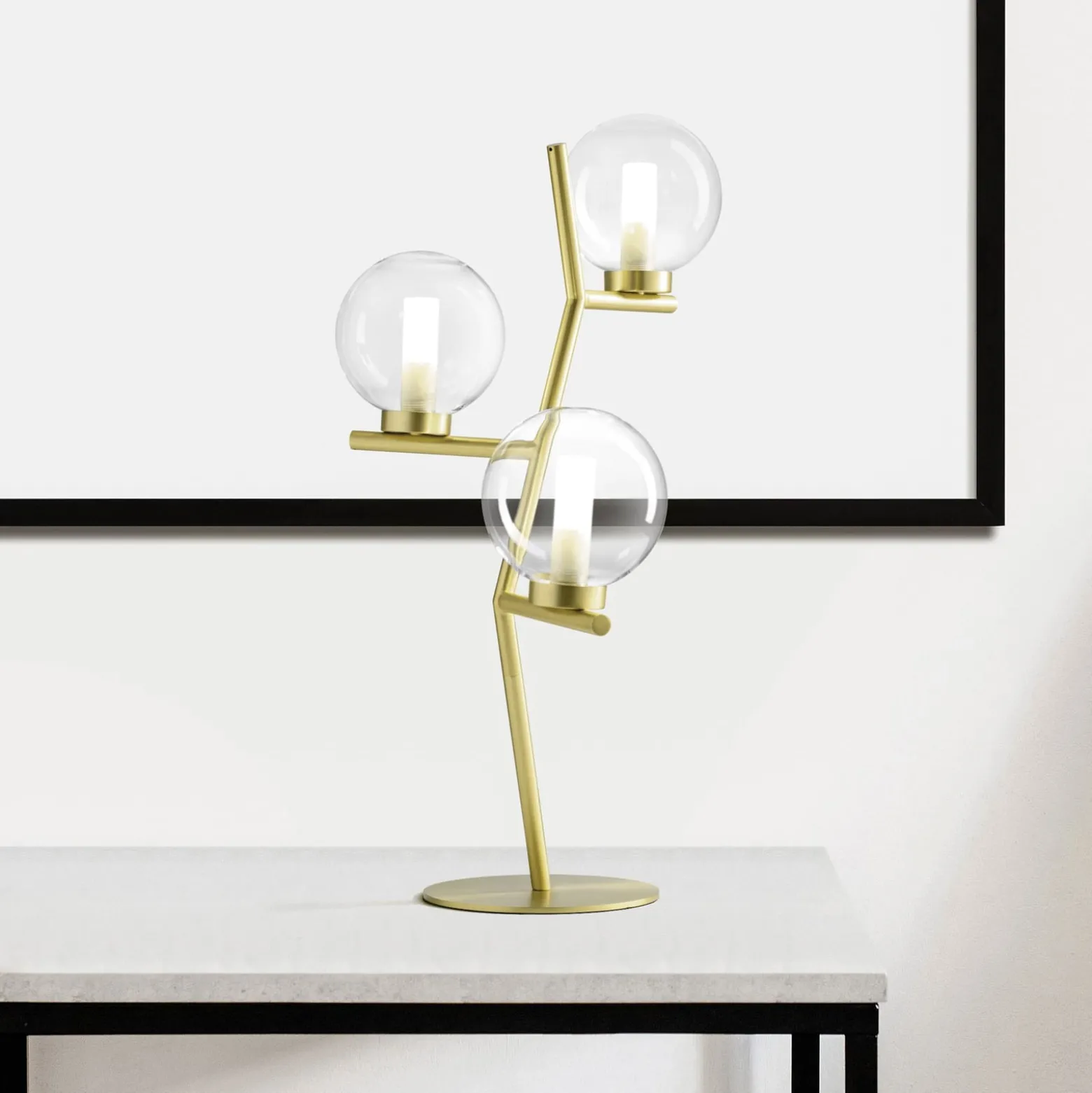 Tischleuchte Camely, 3-flammig, gold gebürstet/klar, Glas