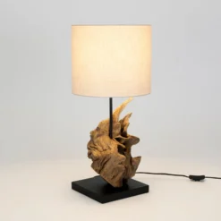 Tischleuchte Filicudi, beige/holzfarben, Höhe 60 cm, Leinen
