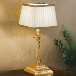 Tischleuchte Sarafine, weiß/gold, Pongé-Schirm, Höhe 41 cm
